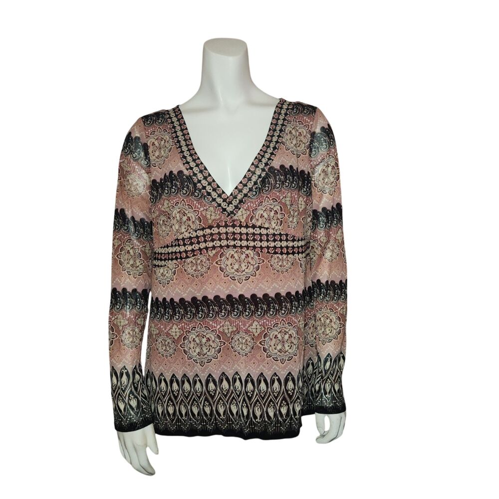 Y2K Axcess Long Sleeve V Neck Pink Floral Mesh Top Womens Size XL
